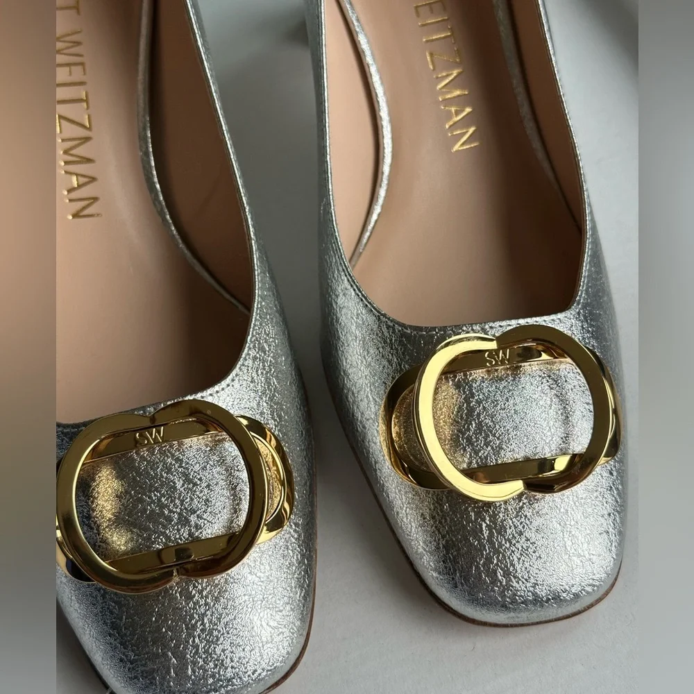 Stuart Weitzman Anicia Metallic Silver Leather Pumps Gold Logo Size 7.5 - Picture 4 of 16